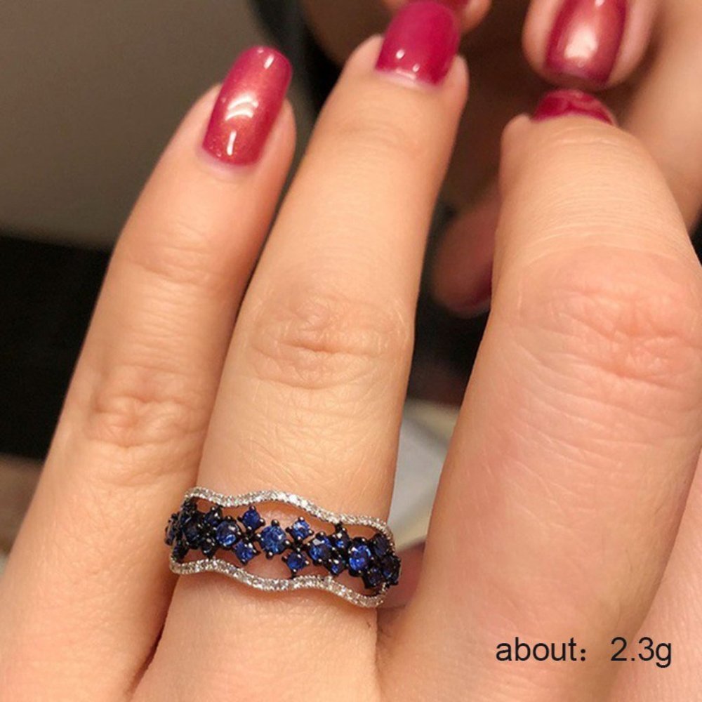 Royal Blue Eternity Flower Carving Silver Vintage Rings for Women,EVGG1145 - Picture 3 of 4
